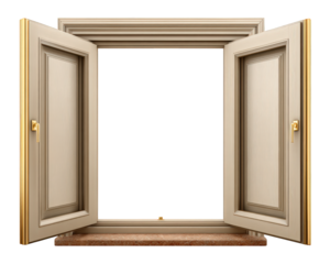 Open double hung window with beige wooden frame, gold handles, and stone sill, isolated on transparent background, classic home construction style, inviting and bright atmosphere