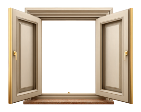 Open double hung window with beige wooden frame, gold handles, and stone sill, isolated on transparent background, classic home construction style, inviting and bright atmosphere