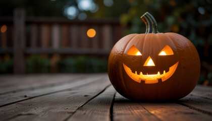 Fototapeta premium A large Halloween pumpkin with a toothy smile lit with candles and pumpkin glowing as it sits on a wooden deck, Concept for a Halloween Theme, with copy space.
