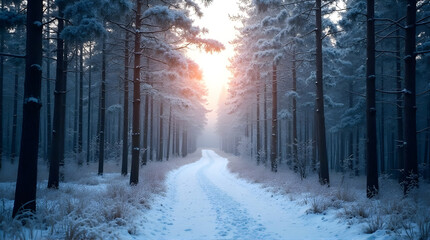 Sunlight streams through a snow covered forest path creating a magical winter wonderland scene