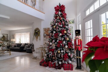 Festive holiday living room with decorated christmas tree and nutcracker