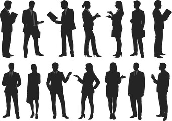 Business people silhouettes, professional men and women in suits, holding documents, discussing, communicating, leadership, teamwork, corporate environment, confident, formal attire, office meeting.