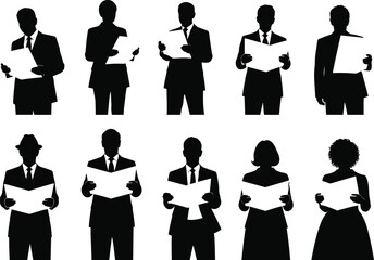 Business reading silhouette set, black, paper in hand, presenting, formal attire, vector professional posture illustration bundle