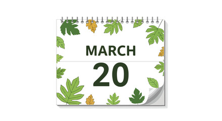 March 20th Calendar Page Decorated with Green and Golden Leaves, Symbolic of Spring Equinox