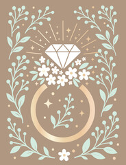 Diamond Ring with Flowers and Leaves on Brown Background