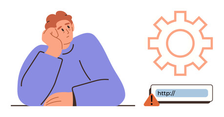 A thoughtful person looks at a warning icon on a URL bar and a gear icon, suggesting technical issues, troubleshooting, or web development challenges. Ideal for technology, problem-solving, error