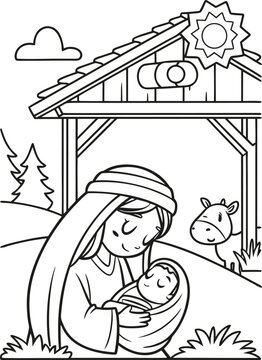 line art peaceful scene of mary holding baby jesus.eps
