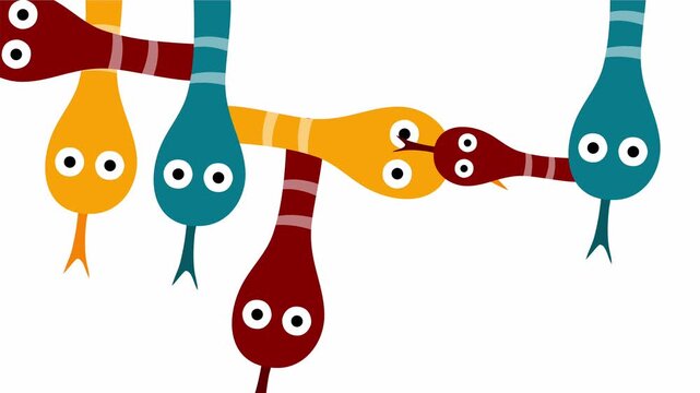 Colorful snakes with big eyes arranged playfully on white