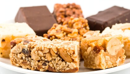 Assorted nutty, caramel, and chocolate sweets on a plate