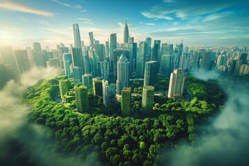 An Aerial Shot of a Beautiful Green City with Skyscrapers Surrounded by a Lush Forest and a Sunny Sky