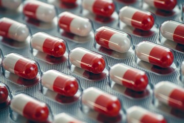 Red and white capsules arranged in a blister pack represent pharmaceutical industry and healthcare innovation