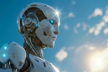 A Close-Up Portrait of a Futuristic White and Metallic Robotic Face Under a Bright Blue Sky
