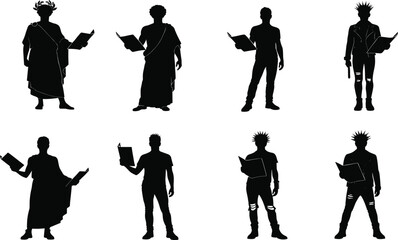 Reading silhouette set, black, book in hand, historical to modern attire, cultural diversity, vector posture illustration bundle