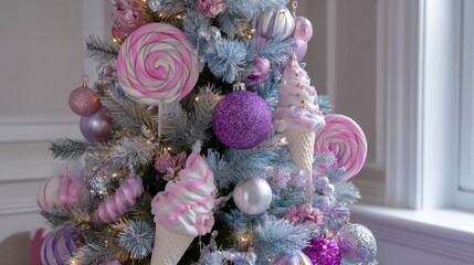 Festive pink christmas tree decorated with candy-themed ornaments in soft pastel colors