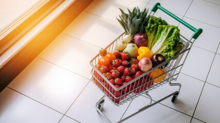 Shopping cart full of fresh vegetables in supermarket aisle, top view