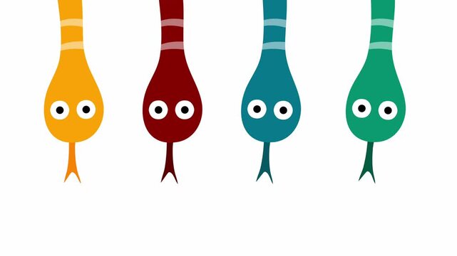 Four colorful snakes hanging down with curious cartoon eyes