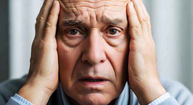 Elderly man holding head, dementia healthcare concept