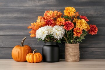 Festive Thanksgiving table featuring pumpkins, autumn flowers, and seasonal decor