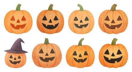 Smiling jack-o'-lanterns in watercolor.