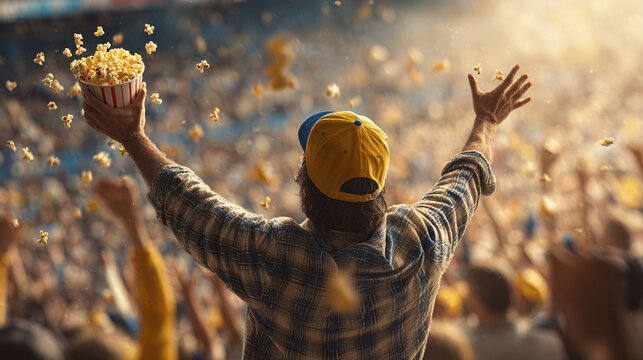 Euphoric Fan Celebrates Victory Amidst a Crowd at a Thrilling Stadium Event