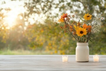 Warm autumn-inspired Thanksgiving table with soft candlelight
