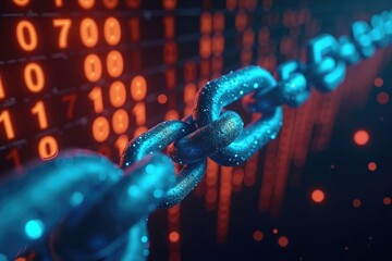 A close up view of a metallic chain with binary code in the background glowing with orange and blue colors