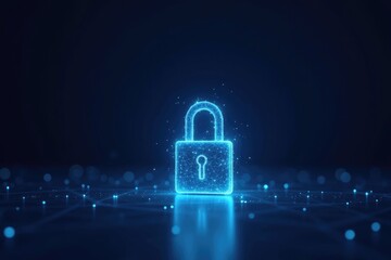 A glowing blue padlock with a keyhole on a dark background with bright blue dots and reflections