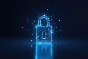 Glowing blue padlock with digital particles floating around it on a dark reflective surface design concept