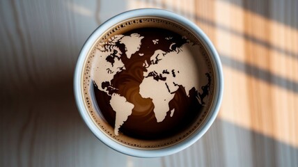 Creative world map design in coffee cup foam