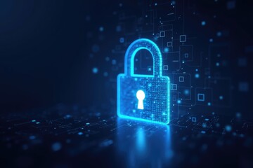 A glowing blue padlock with digital elements floating around it on a dark blue abstract background