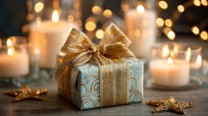 A beautifully wrapped gift box with a golden bow near twinkling candles