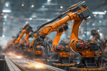 A Close-up of an Orange Robotic Arm on an Assembly Line Welding a Metal Piece in a Factory