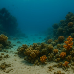 Naklejka premium Panoramic underwater view with ship in a glass bottle on sandy seafloor, surrounded by coral reef and tropical fish, with sunlight beams streaming through the clear ocean water
