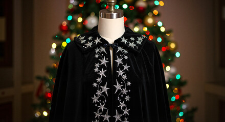 Obraz premium Elegant black cloak with silver embroidery displayed on a mannequin in front of a colorful Christmas tree 