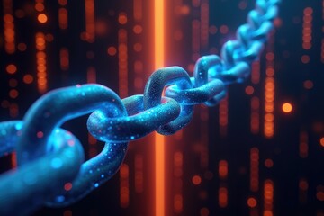 A close up view of a blue and silver chain against a dark background with orange light streaks