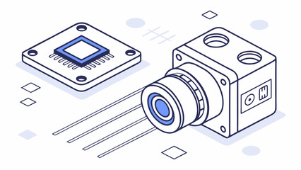 Isometric View of Camera and Microchip Components in Blue and White