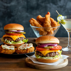 Juicy Beef Burgers with Cheese and Fried Chicken in Background