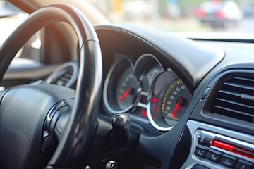 Close up view of a car's interior, featuring steering wheel, dashboard, and controls