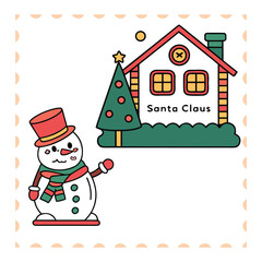 Cartoon vector Christmas card with a snowman and Santa Claus decorating a house with a tree