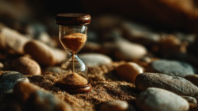 Hourglass on Pebble Beach at Sunset, Symbolizing Time, Patience, and Nature's Cycle in a Tranquil Setting