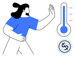 Woman gesturing stop near thermometer and currency, visualizing financial limits, budget setting, cost control, value assessment, personal finance, decision-making, and economic planning. A simple