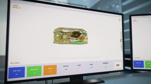 Scanner at the airport has been alarmed of the possible explosives in the baggage. Alarm scanning for explosive objects. Alarm system found the explosive bomb in a backpack after a scanning process.