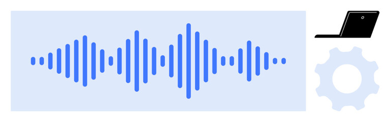 Obraz premium Blue audio waveform with gear and laptop illustrating sound analysis, technology, innovation, and processing. Ideal for audio editing, podcasts, production, AI automation software. Simple flat