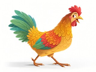 Fototapeta premium Cheerful Cartoon Rooster Illustration Colorful Farm Animal Bright Feathers Walking Rooster