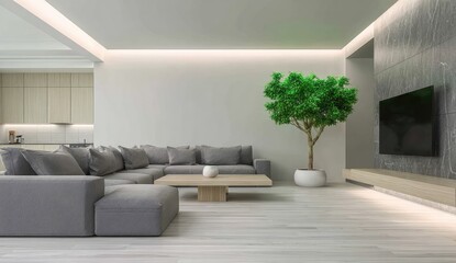 A modern living room design showcases a minimalist aesthetic with a gray sectional sofa, neutral tones, and a statement green tree.