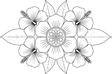 Mandala Style Hibiscus Flower Arrangement – Exotic Tropical Bloom Vector Illustration