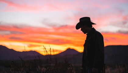 Solitary figure in hat, sunset silhouette