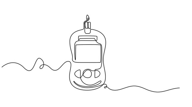 Animated self drawing of continuous line draw Blood sugar meter. One continuous line drawing of Blood glucose meter test illustration. glucometer pharmacy equipment outline, Full length line animation