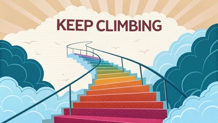 Inspiring Colorful Stairs Stretching into Clouds with Motivational Message to Keep Climbing