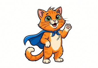 Fototapeta premium Adorable Orange Tabby Kitten Superhero Cartoon Illustration Waving Paw Blue Cape